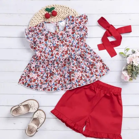 Other - NWT Girls Matching Ruffle Short Set with Red Bow